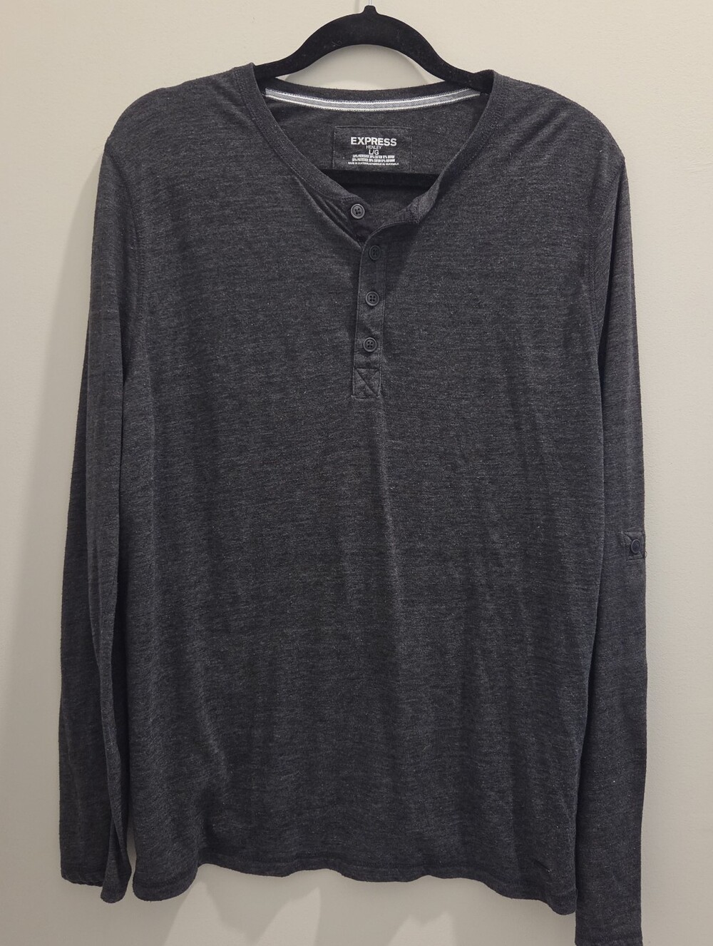 Express Men's Charcoal Gray Henley Long Sleeve Shirt